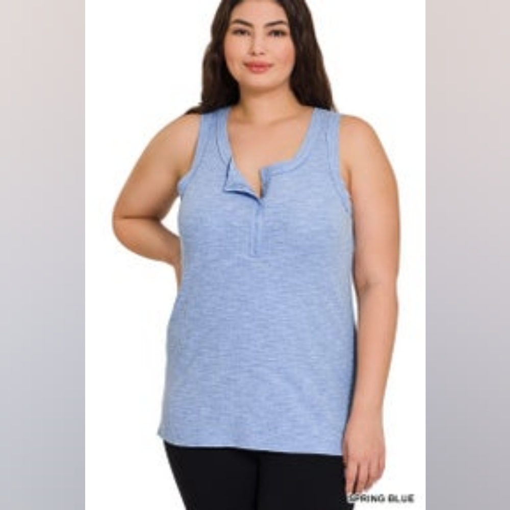 Melange Ribbed Button Closure Tank - Picture 2 of 4